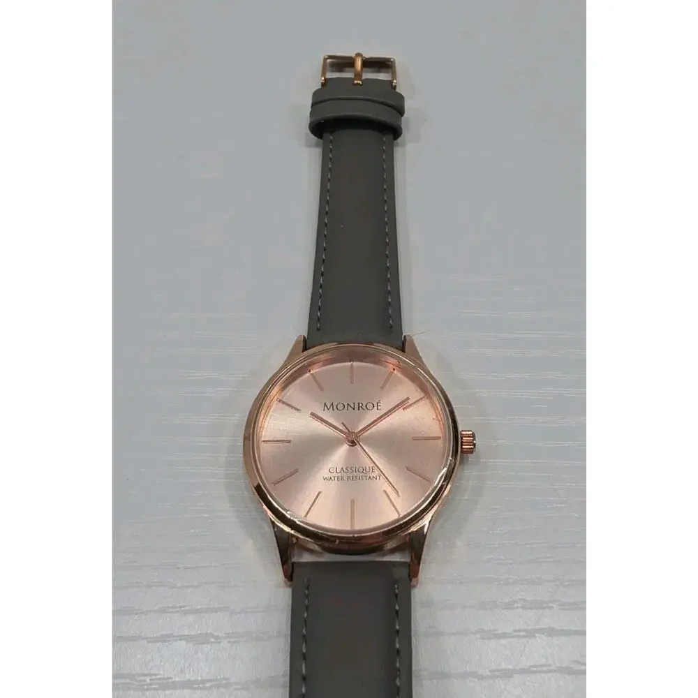 Ladies Monroe by Maestro Rose Gold Tone Watch Gray Leather Band New Battery W283